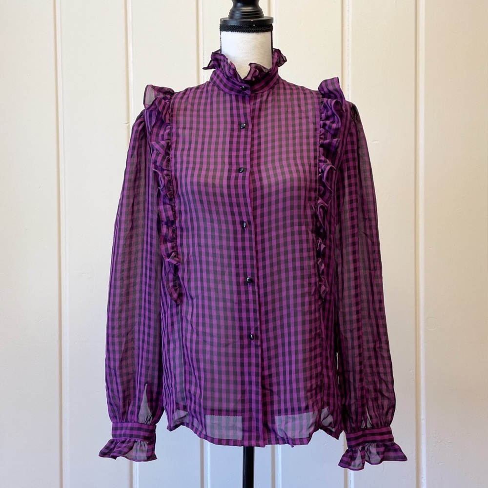 Vintage 70s Buffalo Plaid Ruffle Mockneck Button down Blouse